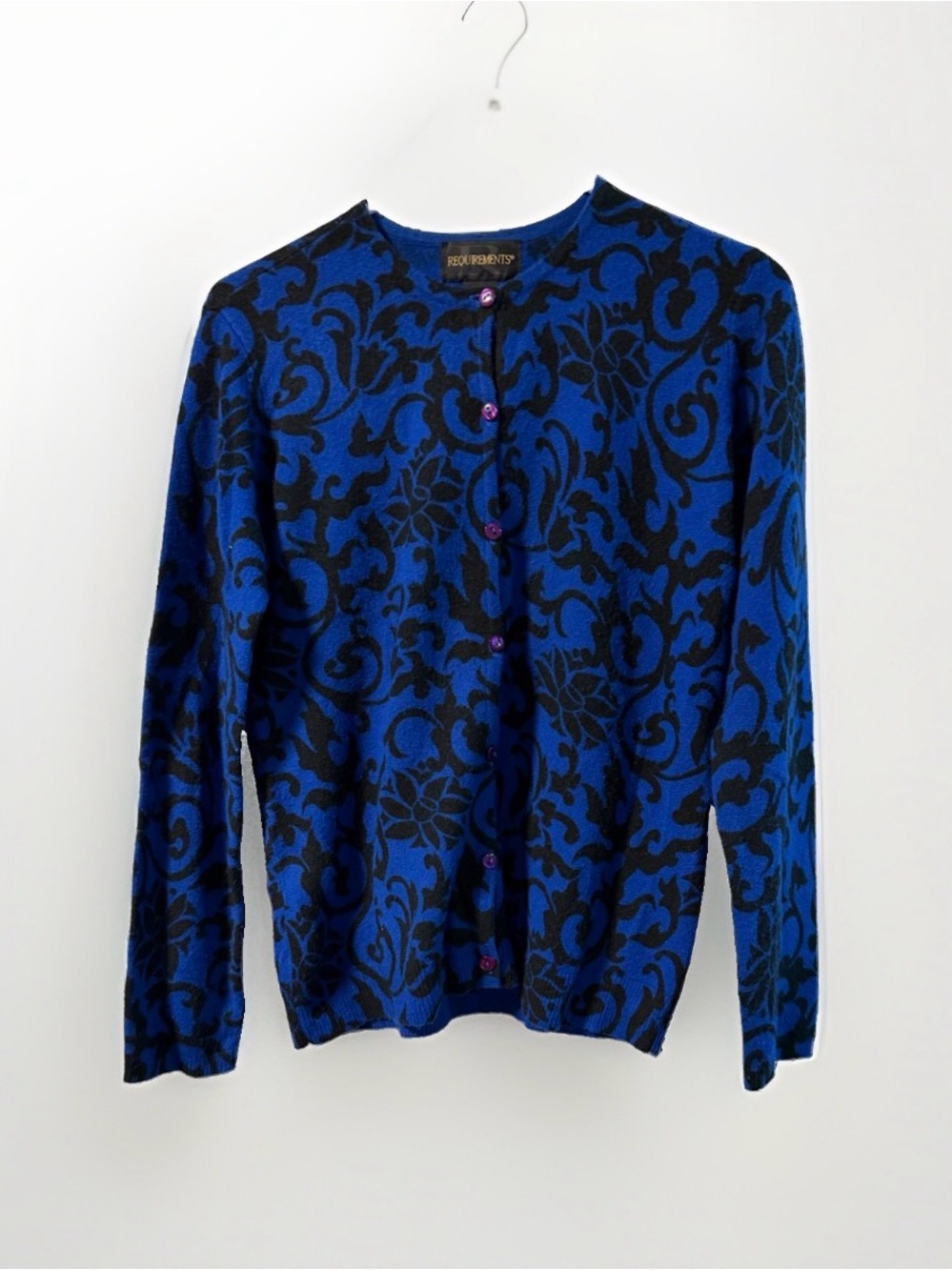 Requirements Cardigan Medium Blue Black Floral Buttons Sweater